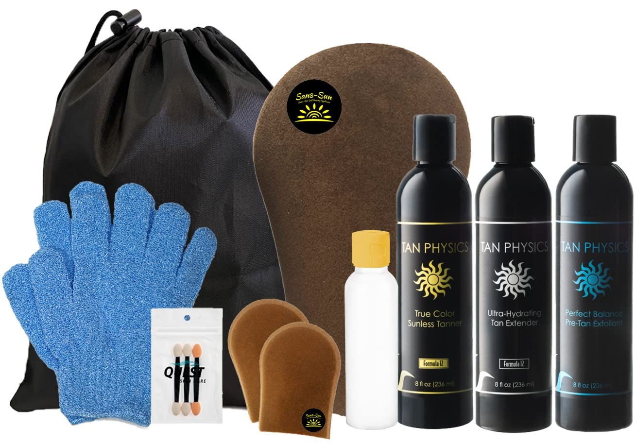 Tan Physics Self Tanner, 13 pcs Deluxe Bundle - Tan Physics True Color Sunless Tanner, Pre-Tan Exfoliator, &amp; Tan Extender - Travel Bag &amp; Bottle, Exfoliation Glove, Mitt &amp; Applicators