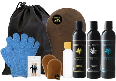 Tan Physics Self Tanner, 13 pcs Deluxe Bundle - Tan Physics True Color Sunless Tanner, Pre-Tan Exfoliator, &amp; Tan Extender - Travel Bag &amp; Bottle, Exfoliation Glove, Mitt &amp; Applicators