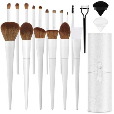 LUXBRU Makeup Brushes With Case 20PCs Professional Makeup Brush Set, Foundation Powder Eyeshadow Brush Set Eyebrow Concealer Contour Travel Brushes Kit with Holder &amp; 2 Powder Puff-White