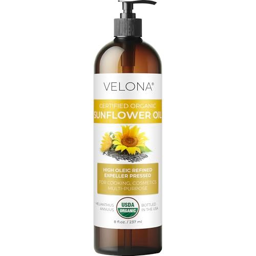 velona USDA Certified Organic Sunflower Oil - 8 fl oz | 100% Pure and Natural Carrier Oil | High Oleic, Refined, Expeller Pressed | Cooking, Skin, Hair, Body &amp; Face Moisturizing
