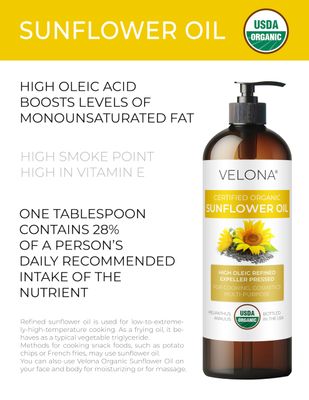 velona USDA Certified Organic Sunflower Oil - 8 fl oz | 100% Pure and Natural Carrier Oil | High Oleic, Refined, Expeller Pressed | Cooking, Skin, Hair, Body & Face Moisturizing