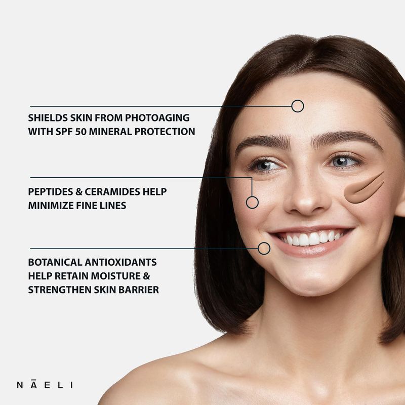 NAELI Anti Aging Tinted Moisturizer SPF 50, Mineral Sunscreen for Face with Zinc Oxide, Peptides &amp; Ceramides, Natural Hydrating Universal Tint - 1.4 oz
