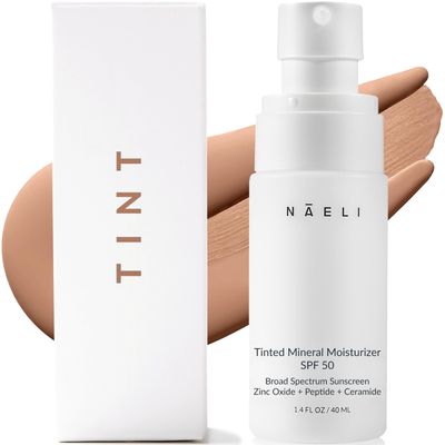 NAELI Anti Aging Tinted Moisturizer SPF 50, Mineral Sunscreen for Face with Zinc Oxide, Peptides &amp; Ceramides, Natural Hydrating Universal Tint - 1.4 oz