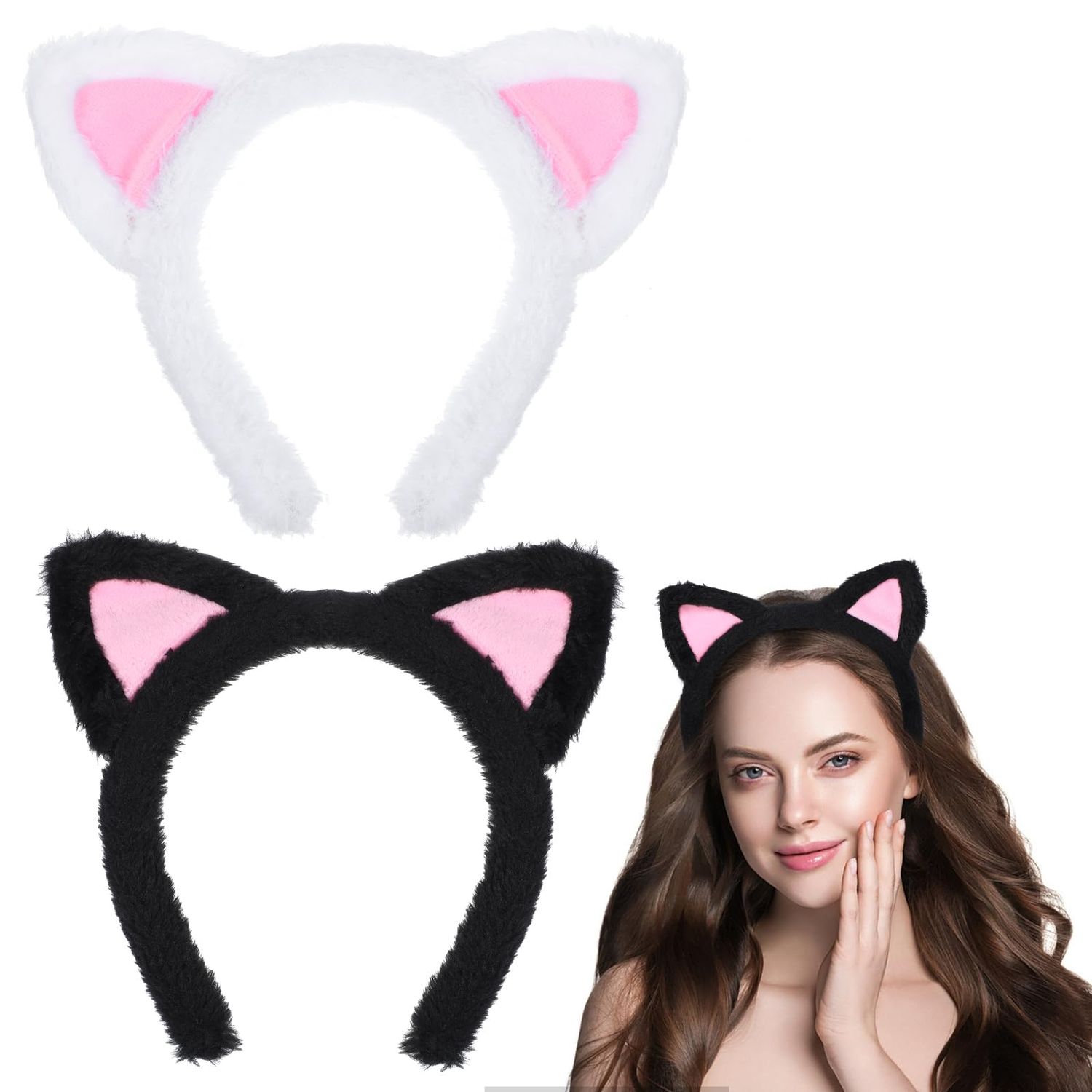 PEOVLVN 2 Pcs Cat Ears Headbands, Plush Soft Cat Ear Headband Halloween Headband Hair Accessories for Women Daily Skincare Makeup and Halloween Party Cosplay Costumes