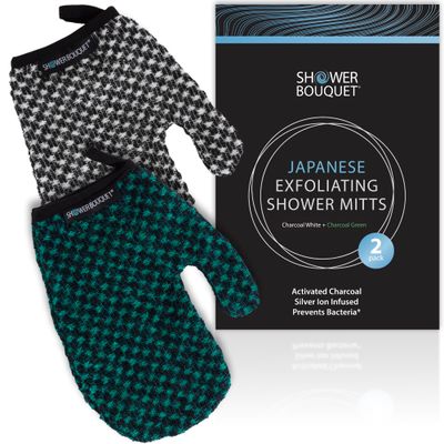 Japanese Exfoliating Mitt 2-Pack - Charcoal &amp; Silver Ion Exfoliating Gloves for Shower - Soft Inner Fabric Gentle Exfoliation &amp; Deep Cleansing Body Scrub Gloves for All Skin Types - 1 White, 1 Green