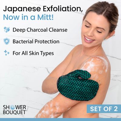 Japanese Exfoliating Mitt 2-Pack - Charcoal &amp; Silver Ion Exfoliating Gloves for Shower - Soft Inner Fabric Gentle Exfoliation &amp; Deep Cleansing Body Scrub Gloves for All Skin Types - 1 White, 1 Green