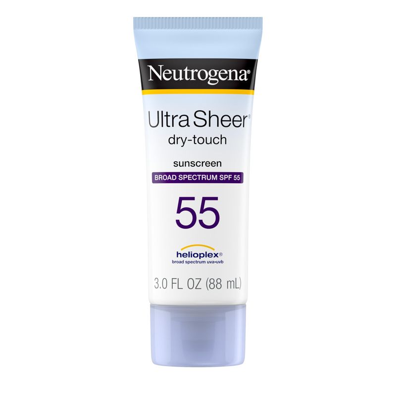 Neutrogena Ultra Sheer Dry-Touch Sunscreen Lotion, Broad Spectrum SPF 55 UVA/UVB Protection, Lightweight Water Resistant Face &amp; Body Sunscreen, Non-Greasy, Travel Size, 3 fl. oz