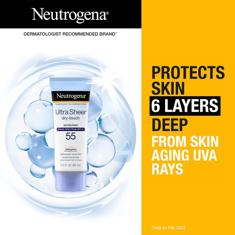 Neutrogena Ultra Sheer Dry-Touch Sunscreen Lotion, Broad Spectrum SPF 55 UVA/UVB Protection, Lightweight Water Resistant Face &amp; Body Sunscreen, Non-Greasy, Travel Size, 3 fl. oz
