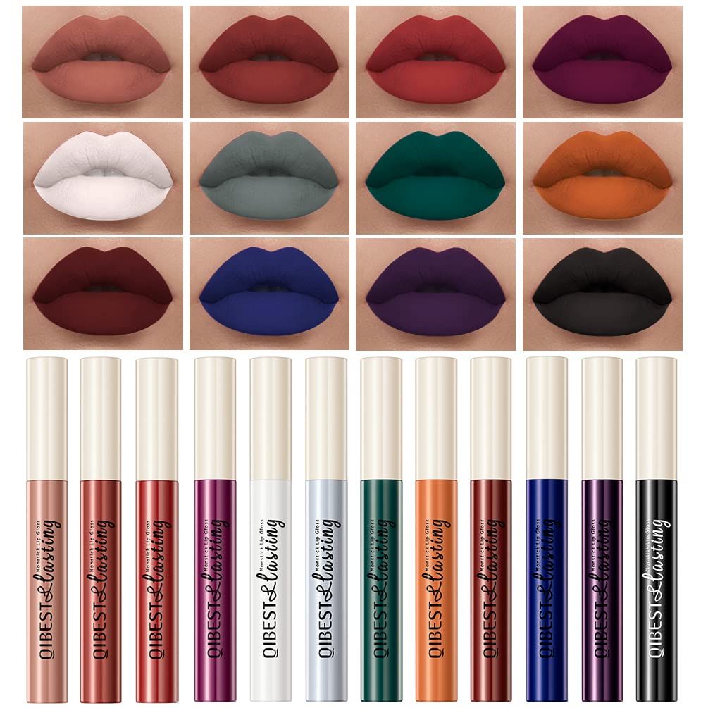 QiBest Goth Black &amp; Bold Lipstick for Halloween Makeup, Matte Liquid Lipstick for Girls &amp; Women, 24 Hours Long Lasting Waterproof Lip Gloss Gift Set, Non-Stick Cup Mate Duracion 24 Horas Lip Stains