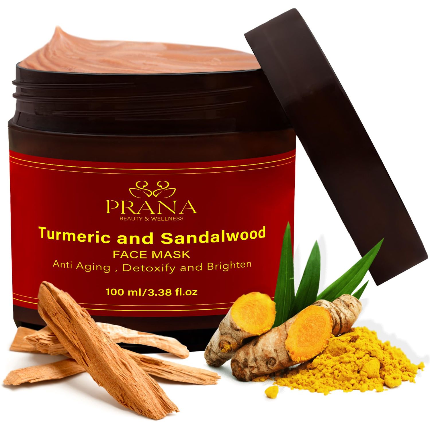Prana Turmeric and Sandalwood Face Mask | Natural Skincare | Brightening &amp; Hydrating | Anti-aging | Deep Pore Cleansing Facial Mask | For Acne &amp; Dark Spots | 100% Vegan- 100ml/