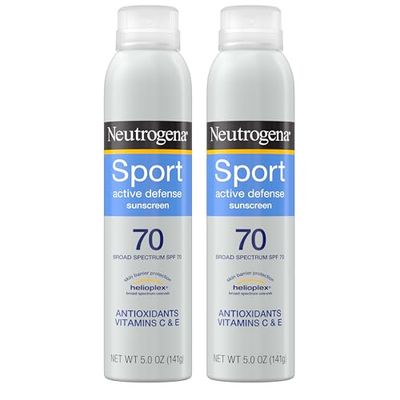 Neutrogena Sport Active Defense SPF 70 Sunscreen Spray, Sweat &amp; Water Resistant Spray Sunscreen with Broad Spectrum Protection for Sunburn Prevention, Oxybenzone-Free, Twin Pack, 5 oz, 2 Pack