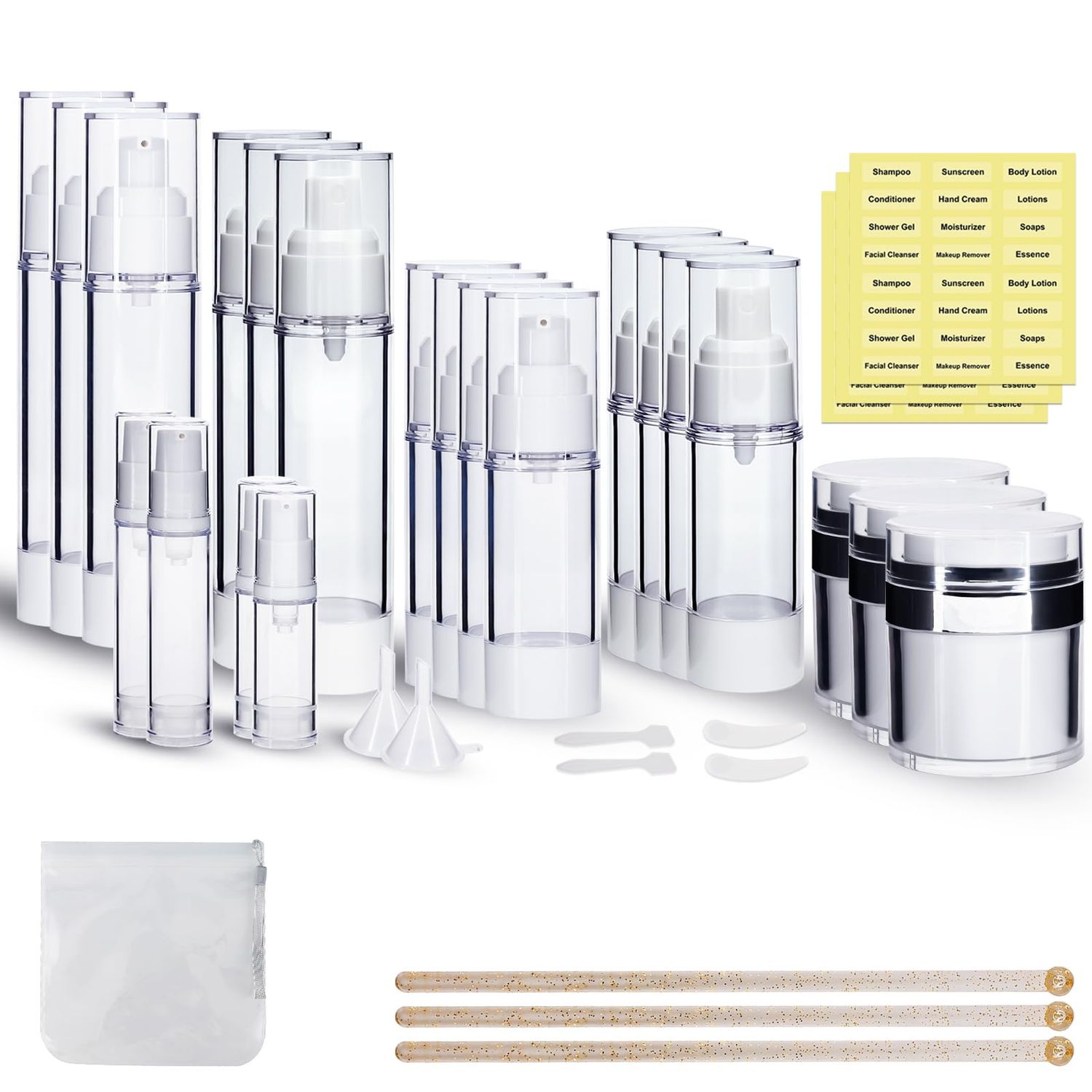 KOUWICH 34 Pack Airless Pump Jars Set, 1.7/1/0.7/0.34oz Refillable Travel Size Containers, Leak-Proof Toiletry Bottles for Skincare and Creams, Lotion, Eye Cream, Liquid, Foundation, Shampoo