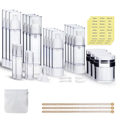 KOUWICH 34 Pack Airless Pump Jars Set, 1.7/1/0.7/0.34oz Refillable Travel Size Containers, Leak-Proof Toiletry Bottles for Skincare and Creams, Lotion, Eye Cream, Liquid, Foundation, Shampoo