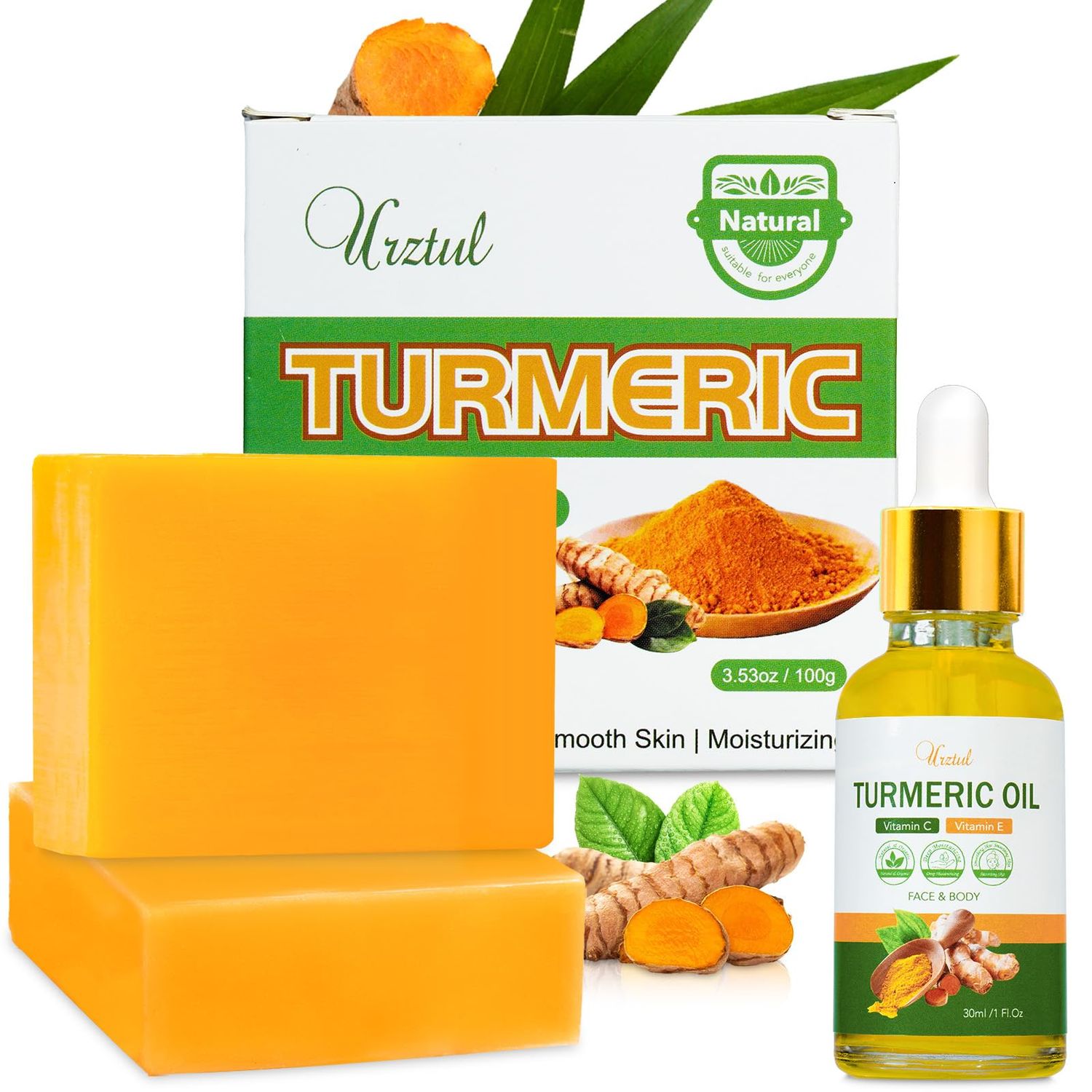 URZTUL 2 PCS Turmeric Soap Bar &amp; 1 Pack Turmeric Oil for Face &amp; Body, Nautral Tumeric Skin Care Soap Deep Cleanses, Soothing, Hydrating Turmeric Vitamin C Vitamin E Oil for All Skin Type