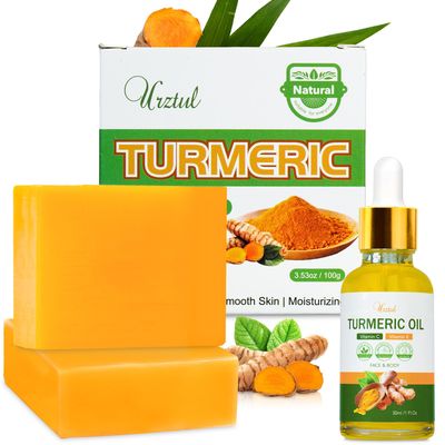 URZTUL 2 PCS Turmeric Soap Bar &amp; 1 Pack Turmeric Oil for Face &amp; Body, Nautral Tumeric Skin Care Soap Deep Cleanses, Soothing, Hydrating Turmeric Vitamin C Vitamin E Oil for All Skin Type