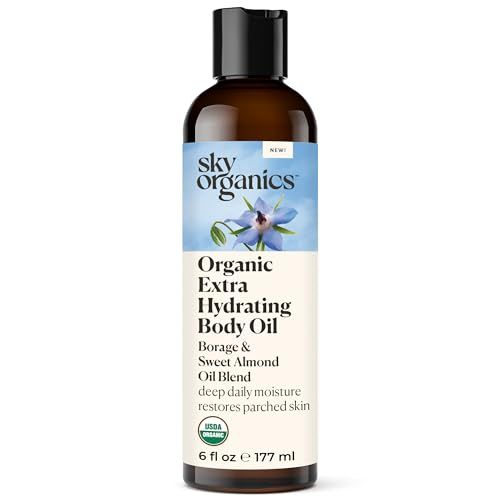 Sky Organics Body Oil, Extra Hydrating &amp; Nourishing Organic Skin Care with Borage Oil, Acai &amp; Sweet Almond Oil, Moisturizing Massage Oil, Refreshing Orange &amp; Spearmint Scent, 6 fl oz