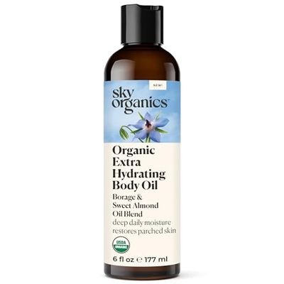 Sky Organics Body Oil, Extra Hydrating &amp; Nourishing Organic Skin Care with Borage Oil, Acai &amp; Sweet Almond Oil, Moisturizing Massage Oil, Refreshing Orange &amp; Spearmint Scent, 6 fl oz
