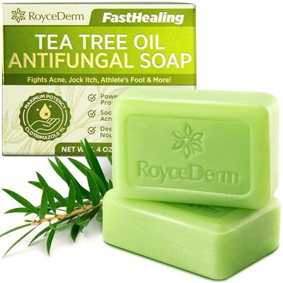 Roycederm Antifungal Antibacterial Tea Tree Soap: Antifungal Antibacterial Treatment for Face &amp; Body Acne, Athlete&#39;s Foot, Tinea, Folliculitis Ringworm Jock Itch (Pack of 1)
