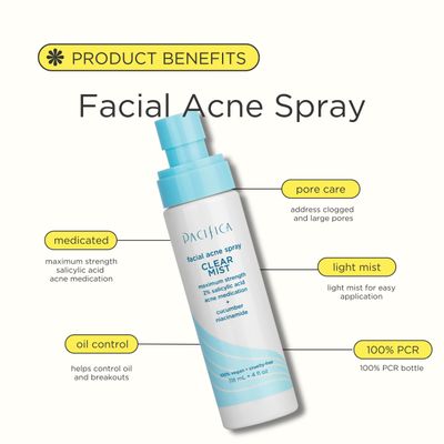 Pacifica Facial Spray for Acne Treatment - Clear Face Mist Acne Spray w/ 2% Salicylic Acid Niacinamide & Aloe - Acne Cleanser - Targets Bacteria for Teens & Adults Vegan Clean Dermatologist Tested