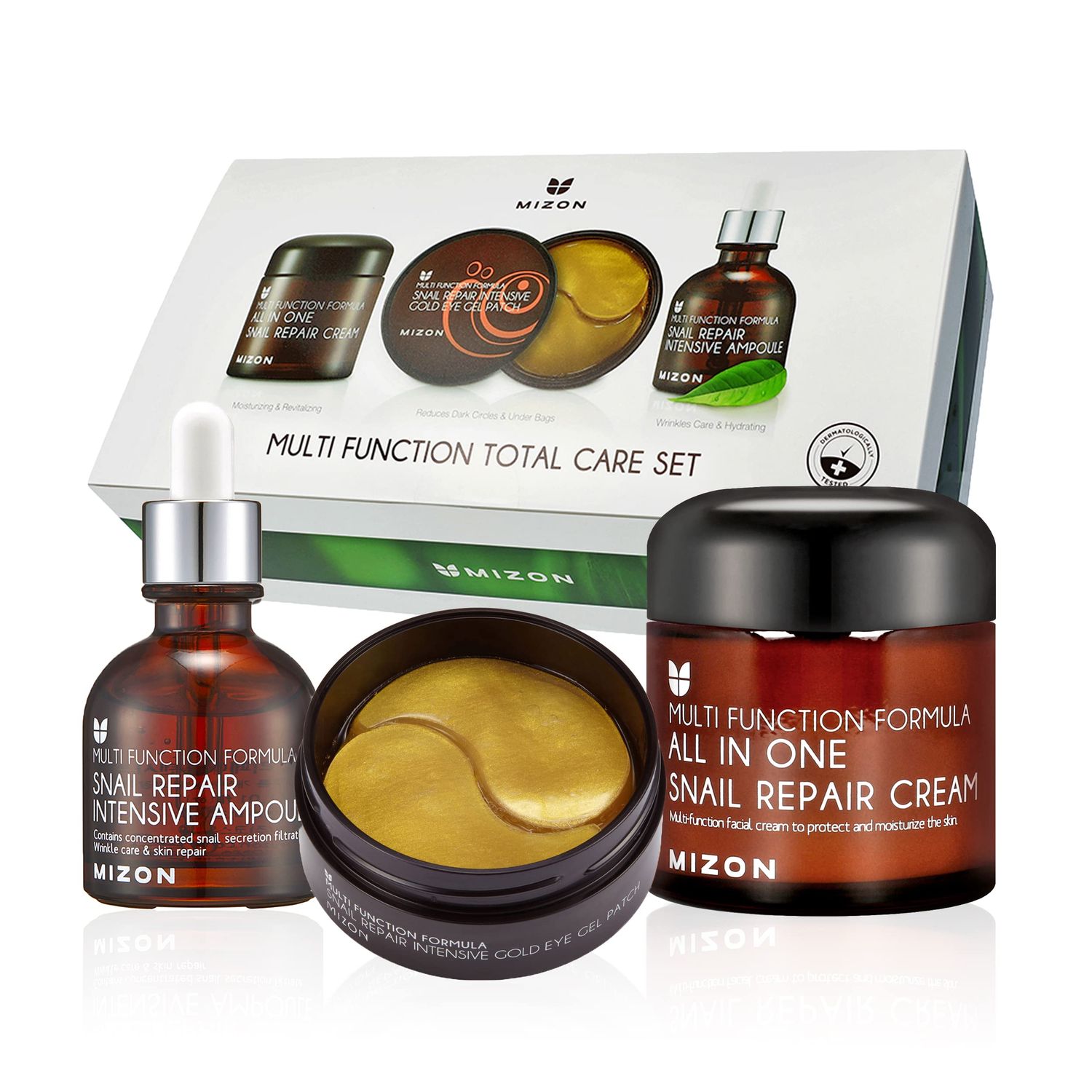 MIZON Multifunction Total Care Set Skincare routine with 24K Gold Snail Eye Patches (30 pairs) All in One Snail Repair Cream (2.53Fl Oz) and Snail Repair Intensive Ampoule (1.01Fl Oz)
