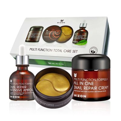 MIZON Multifunction Total Care Set Skincare routine with 24K Gold Snail Eye Patches (30 pairs) All in One Snail Repair Cream (2.53Fl Oz) and Snail Repair Intensive Ampoule (1.01Fl Oz)