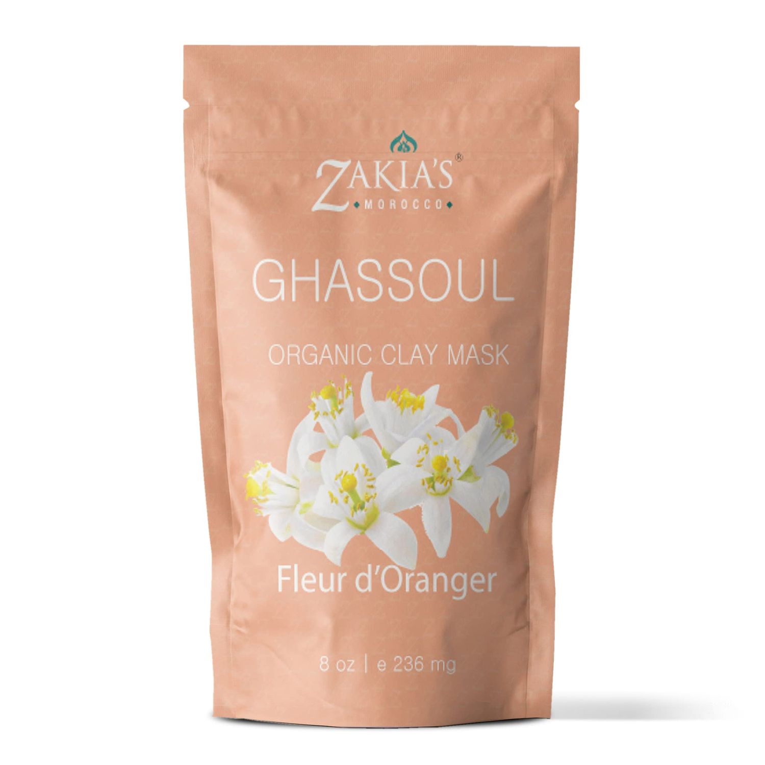 Zakia&#39;s Morocco Moroccan Rhassoul Clay Mask (Orange Blossom) - Organic Natural Facial Mask and Skin Care Treatment - Anti-aging Mud Mask Heals Dry &amp; Oily Skin, Acne, Eczema &amp; Psoriasis - 8 Oz