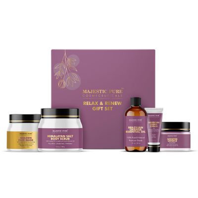 Majestic Pure Gift Set for Self Care &amp; Personal Care ( Scented Candle, Golden Face Mask, Himalayan Salt Body Scrub, Gardenia Hand Cream, Brazilian Orange Essential Oil ) - Pack of 5