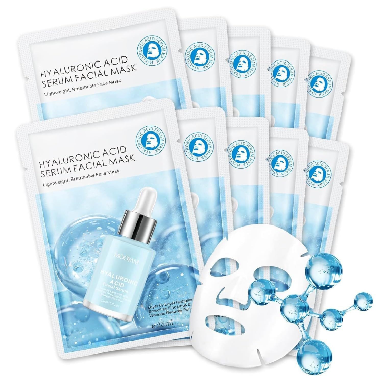 Hyaluronic Acid Face Masks Skincare, Hydrating Facial Masks, Deep Moisturizing Face Mask for All Skin Types, Facial Sheet Mask for Women Skin Care, Smoothing Rejuvenating, Christmas Gifts, 10 Pack