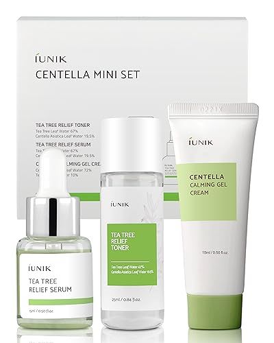 iUNIK Centella Mini Set Travel-Friendly Skincare Set Ultra calming and hydrating for sensitive skin - Tea Tree Relief Toner,Serum, Centella Calming Gel Cream