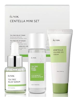 iUNIK Centella Mini Set Travel-Friendly Skincare Set Ultra calming and hydrating for sensitive skin - Tea Tree Relief Toner,Serum, Centella Calming Gel Cream