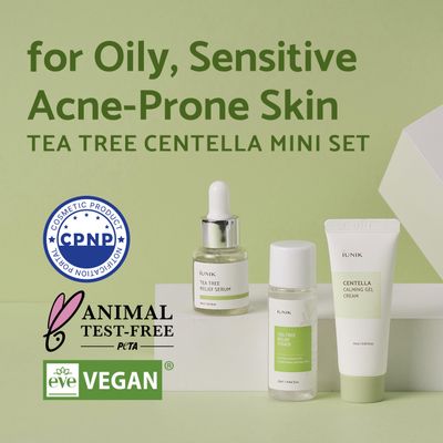 iUNIK Centella Mini Set Travel-Friendly Skincare Set Ultra calming and hydrating for sensitive skin - Tea Tree Relief Toner,Serum, Centella Calming Gel Cream