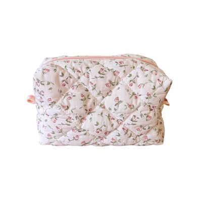 ZUNUONUO Cotton Quilted Makeup Bag Coquette Accessories Make up Bag Organizer Cute Floral Cosmetic Pouch Travel Makeup Bag for Women Rose