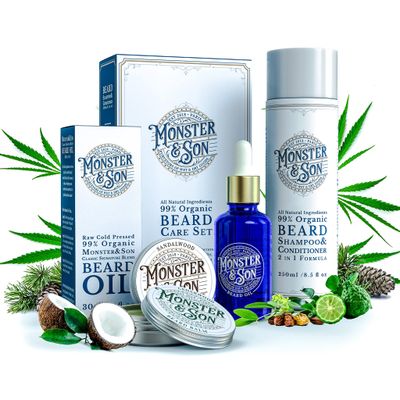 Monster&amp;Son Organic Beard Care Growth Kit - Wash, Hydrate and Thicken your Facial Hair - All Natural, Hypoallergenic Products, Gentle on Sensitive Skin - Ideal Grooming Gift for Bearded Men