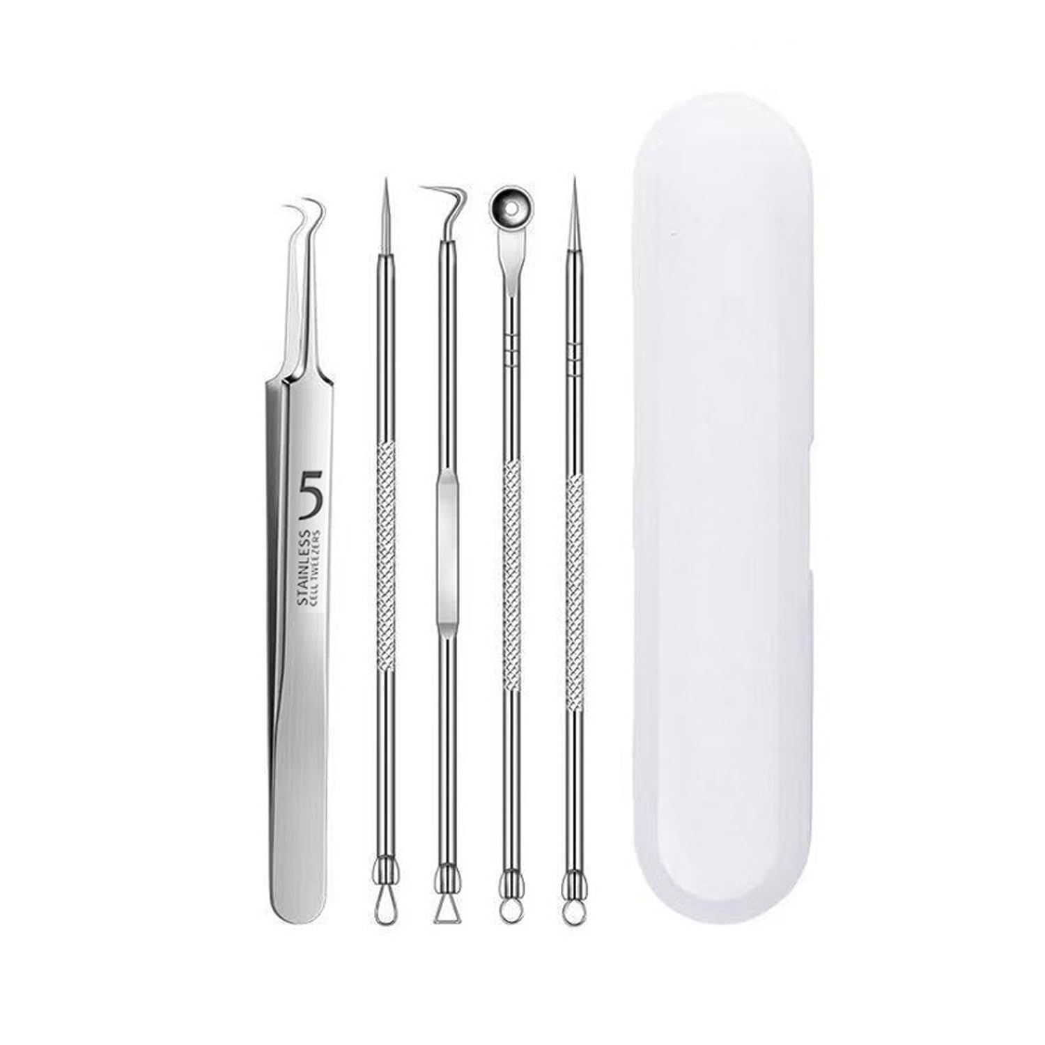 XEAOHESY 5 Pieces Stainless Steel Acne Needle Blackhead Removal Acne Elbow Tweezers Pimple Popper Tool Kit with a Storage Box Comedones Extractor Acne Removal Kit for Blemish Whitehead Fat Granule