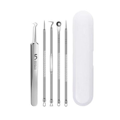 XEAOHESY 5 Pieces Stainless Steel Acne Needle Blackhead Removal Acne Elbow Tweezers Pimple Popper Tool Kit with a Storage Box Comedones Extractor Acne Removal Kit for Blemish Whitehead Fat Granule