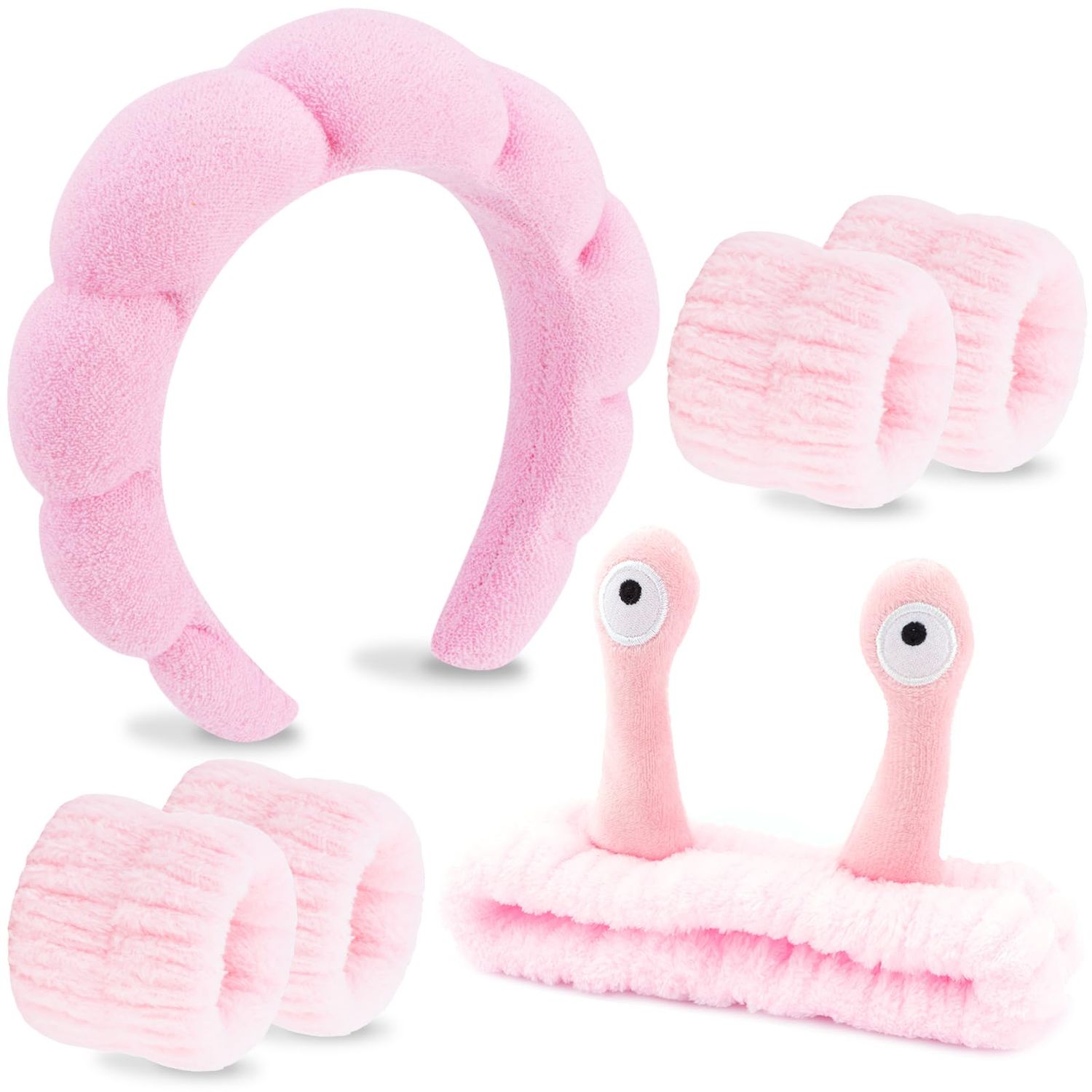VELSCRUN 6 Pcs Pink Puffy Sponge Spa Headband Snail Cartoon Wristband Set, Spa Headbands for Wash Face, Makeup Headband, Facial Skincare Headbands Women Girls Hair Accessories Gifts