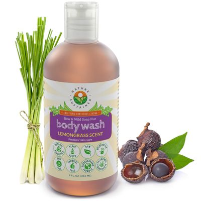 Nature Sustained Lemongrass Organic Body Wash - All Natural Probiotic Soothing Skin Care Body Soap &amp; Face Wash - Raw Wildcrafted Hydrating Sulfate Free Mild Bodywash for Sensitive &amp; Dry Skin - 9 Oz
