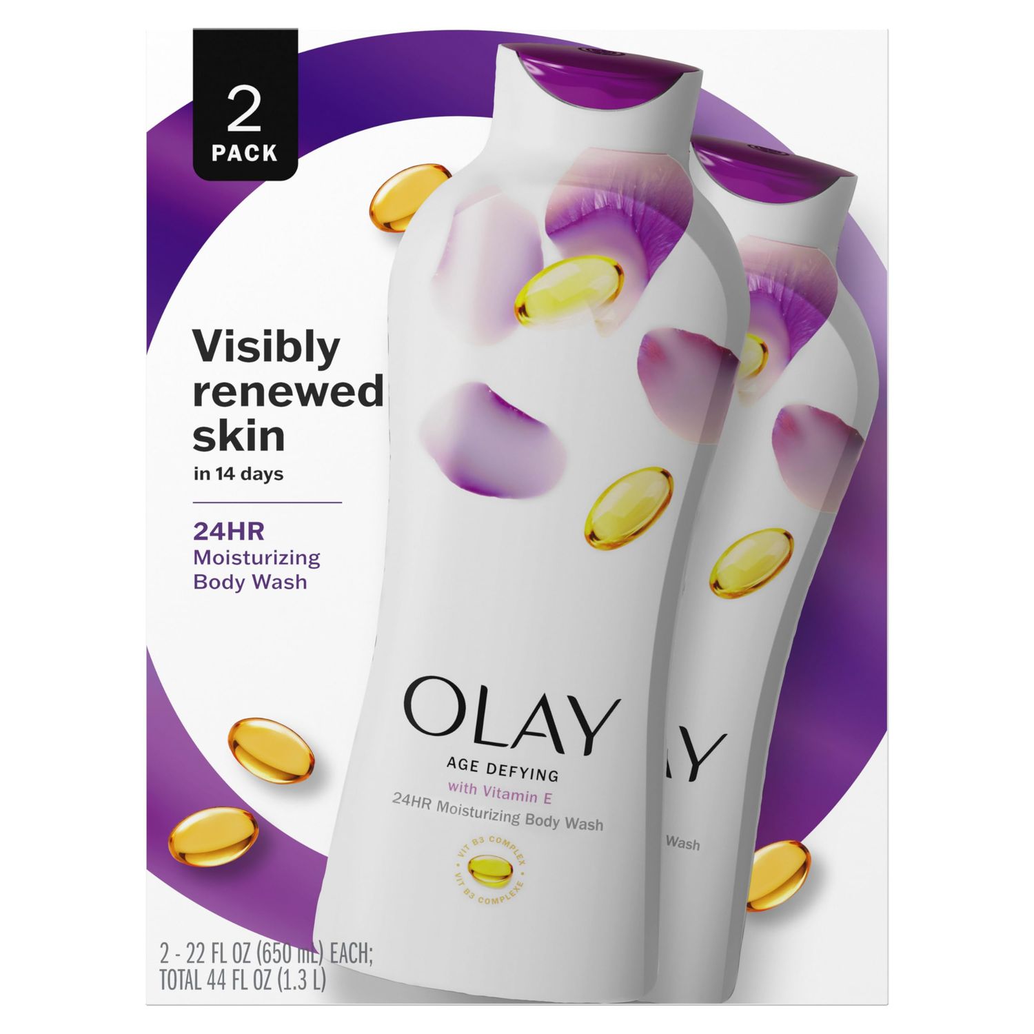 Olay Body Wash Age Defying with Vitamin E &amp; B3 Complex, Moisturizing Visibly Smooth Skin, 22 fl oz, (Pack of 2)
