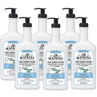 J.R. Watkins Daily Moisturizing Lotion  Body Cream in Pump Dispenser  Hydrating Skin Cream Made with Shea Butter, Cocoa Butter, Coconut Oil &amp; Vitamin E, Peppermint, 18 fl oz, 6 Pack