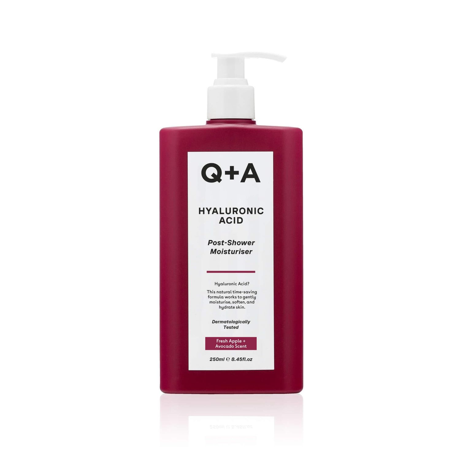 Q+A Hyaluronic Acid Post-Shower Moisturiser, blend of nourishing Avocado and Hazelnut Oils, plus Hyaluronic Acid and Prebiotics to hydrate and replenish the skin, 250ml