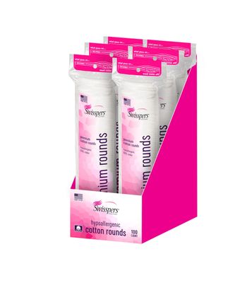 Swisspers Premium Cotton Rounds - 100 Count (Pack of 6) - 100% Pure Cotton - Soft, Absorbent, Hypoallergenic Pads for Makeup Removal, Skincare, Baby Care and Facial Cleansing - Lint Free