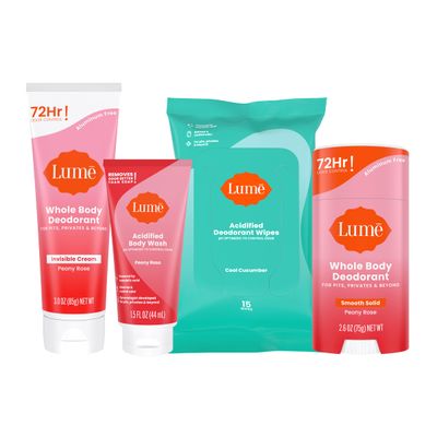 Lume Skin Care Gift Set for Women, Whole Body Deodorant Starter Pack - Smooth Solid Stick, Invisible Cream Tube, Acidified Body Wash Mini &amp; Deodorant Wipes - Aluminum Free Odor Control (Peony Rose)