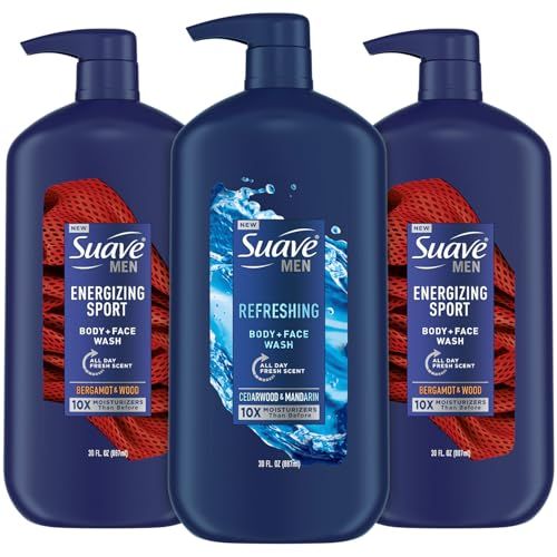Suave Men Body Wash Bundle - Energizing Sport + Refreshing Body + Face Wash, 30 Oz Ea (3 Piece Set)