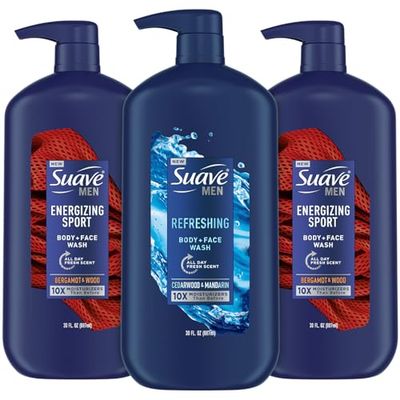 Suave Men Body Wash Bundle - Energizing Sport + Refreshing Body + Face Wash, 30 Oz Ea (3 Piece Set)