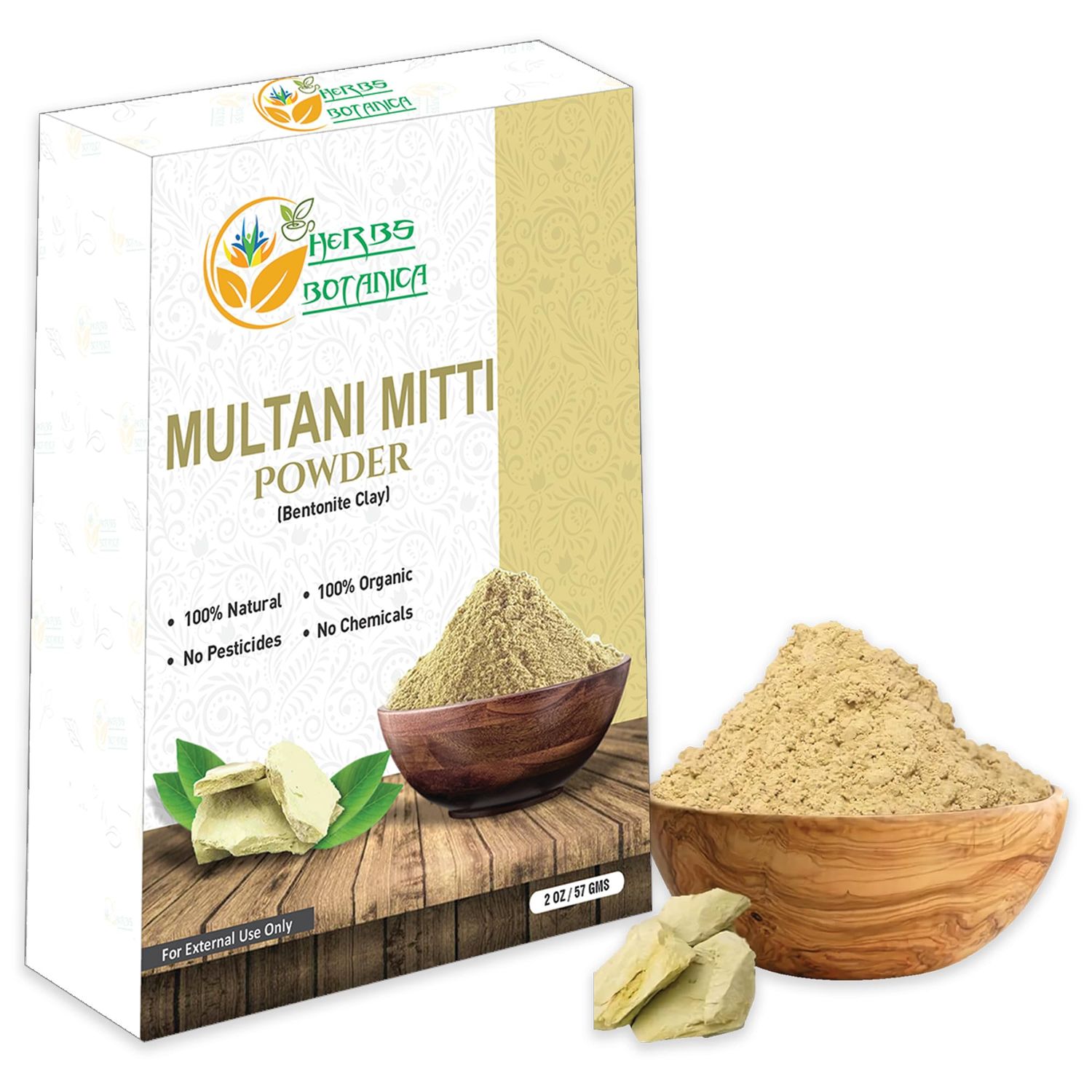 Herbs Botanica Multani Mitti Powder Earth Clay Mask 100% Pure Bentonite and Kaolin Clay for Skin Care, Indian Healing and Deep Cleansing - 2 oz Kaolin Clay Indian Deep Pure Grade Cleansing