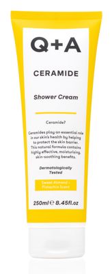 Q+A Ceramide Shower Cream, provides a gentle cleanse, deeply nourishing the skin with a rich and creamy formula of Squalane, Jojoba Seed Oil, and a sustainable Ceramide Extract from pineapples, 250ml