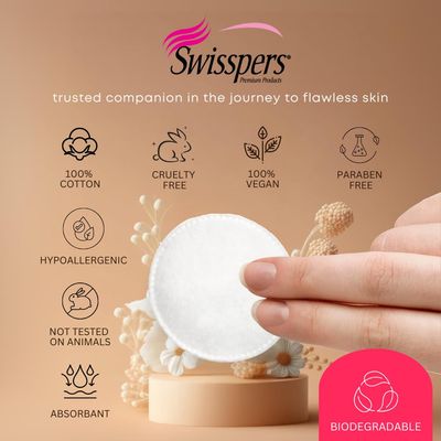 Swisspers Premium Cotton Rounds - 100 Count (Pack of 6) - 100% Pure Cotton - Soft, Absorbent, Hypoallergenic Pads for Makeup Removal, Skincare, Baby Care and Facial Cleansing - Lint Free