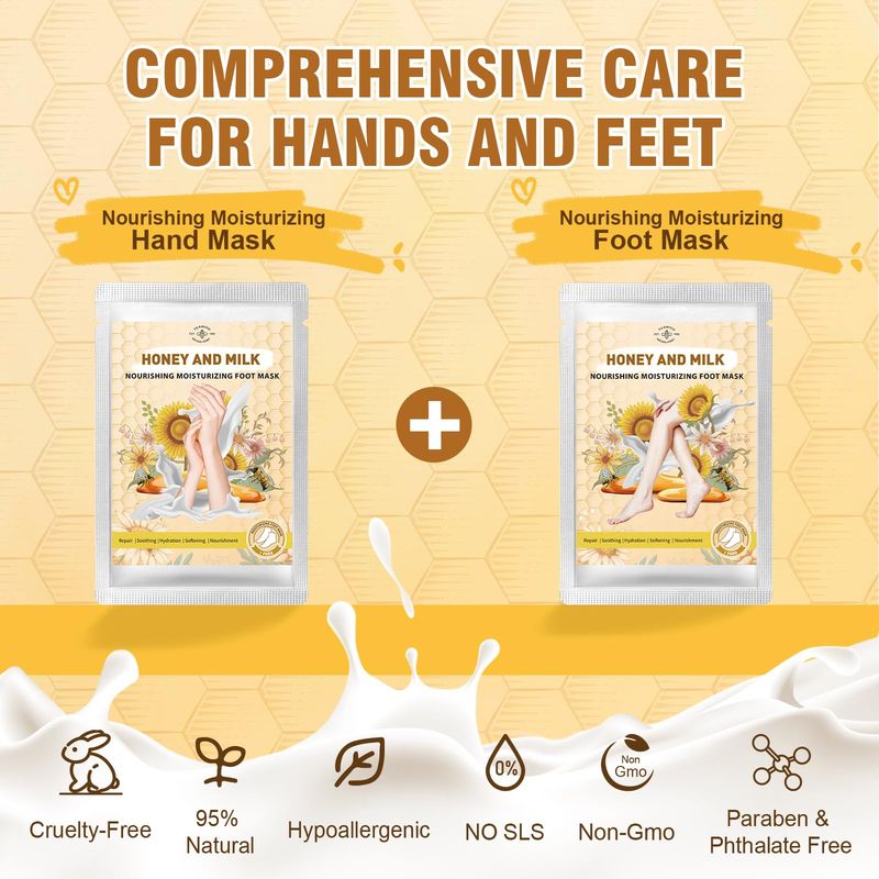 TEAWOO Hydrating Hand and Foot Mask, 3 Foot &amp; 3 Hand Mask, Hand and Foot Care after Pedicure, Moisturizing Socks for Dry, Cracked Heel, Foot Spa, Honey &amp; Milk, Vitamin E