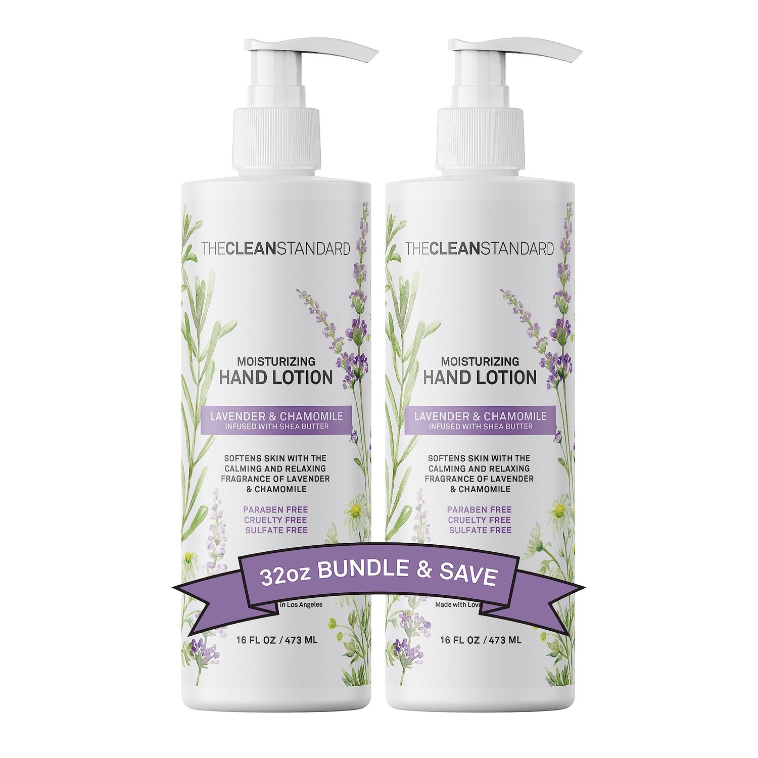 THE CLEAN STANDARD Moisturizing Hand Lotion for Dry Skin and Moisturizer with Shea Butter, Lavender and Chamomile | Hydrating Non Greasy Hand Cream for Women Men 2 Bottle Set 16 fl oz Lotion Pump