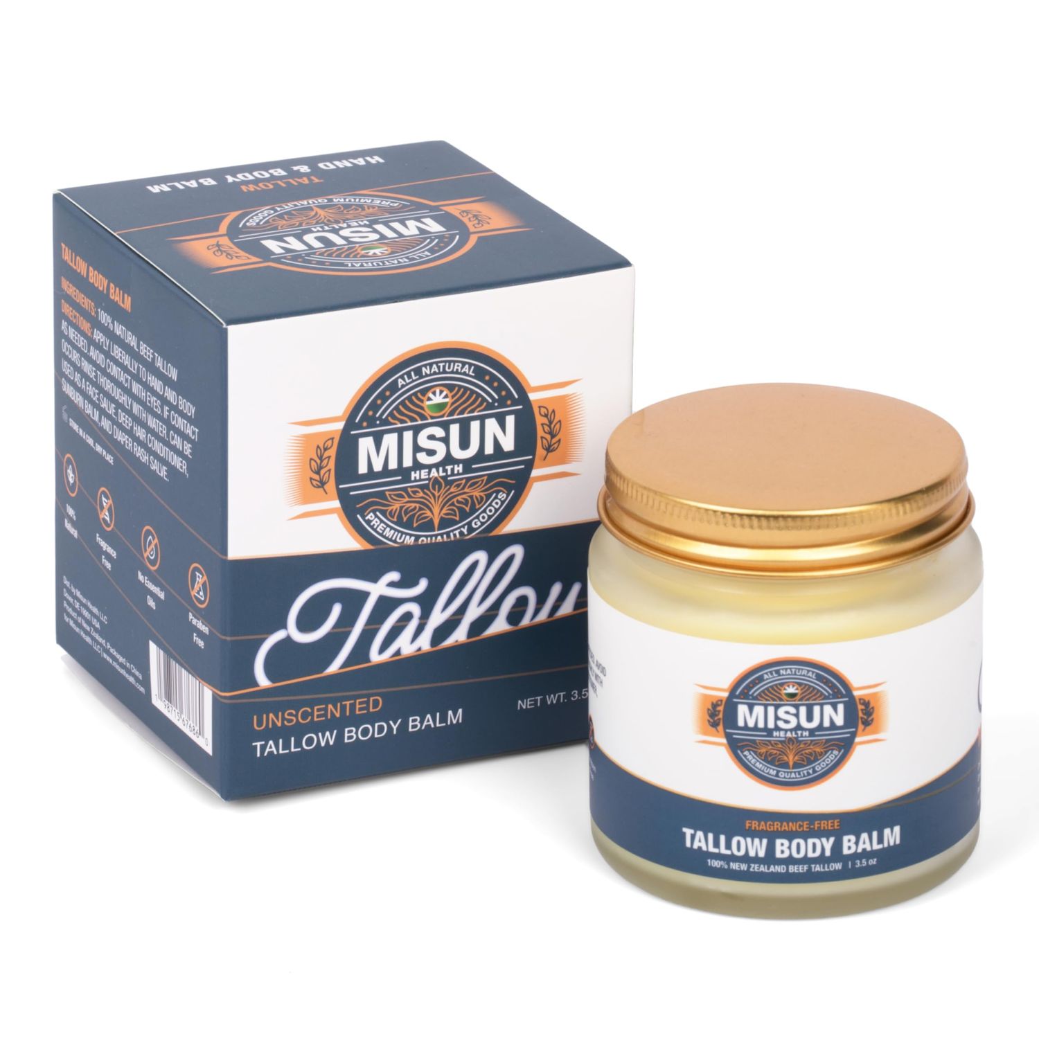 Misun Health Unscented Beef Tallow Moisturizing Hand &amp; Body Balm - 100% Natural New Zealand Tallow Fragrance-Free